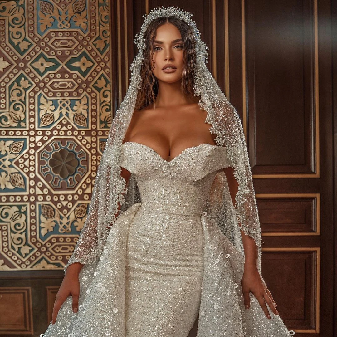 Vonken Dubai Arabisch Mermaid Trouwjurk Afneembare Trein Bruidsjurken Custom Made Kapmouwtjes Luxe Kralen Vestido De Novia