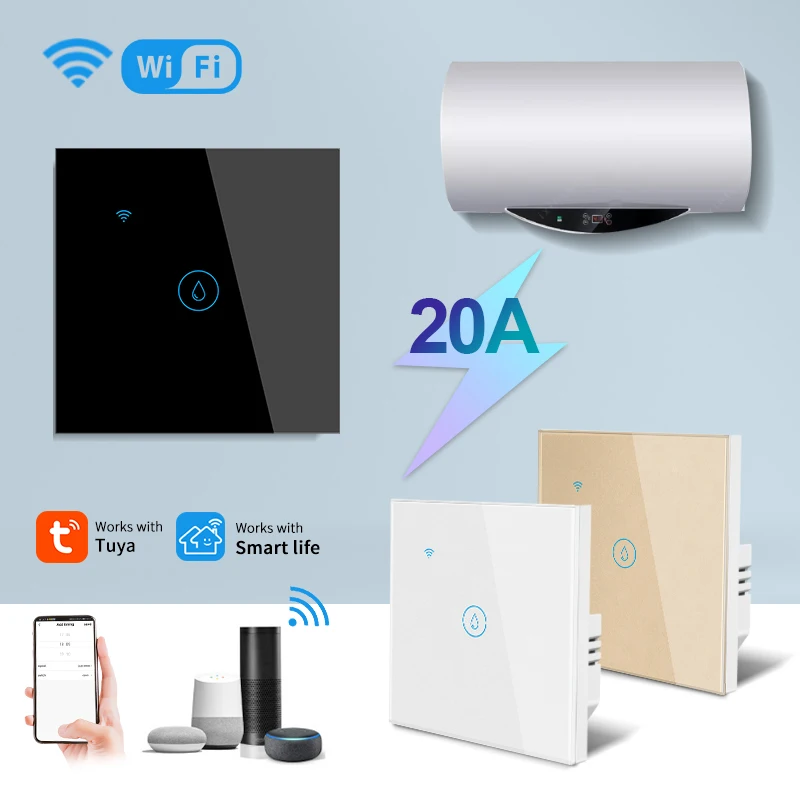 20A Smart WiFi Touch Water Heater Switch Tuya Smart Life APP Timer Google Home Alexa Voice Control Glass Panel Wall Power Switch