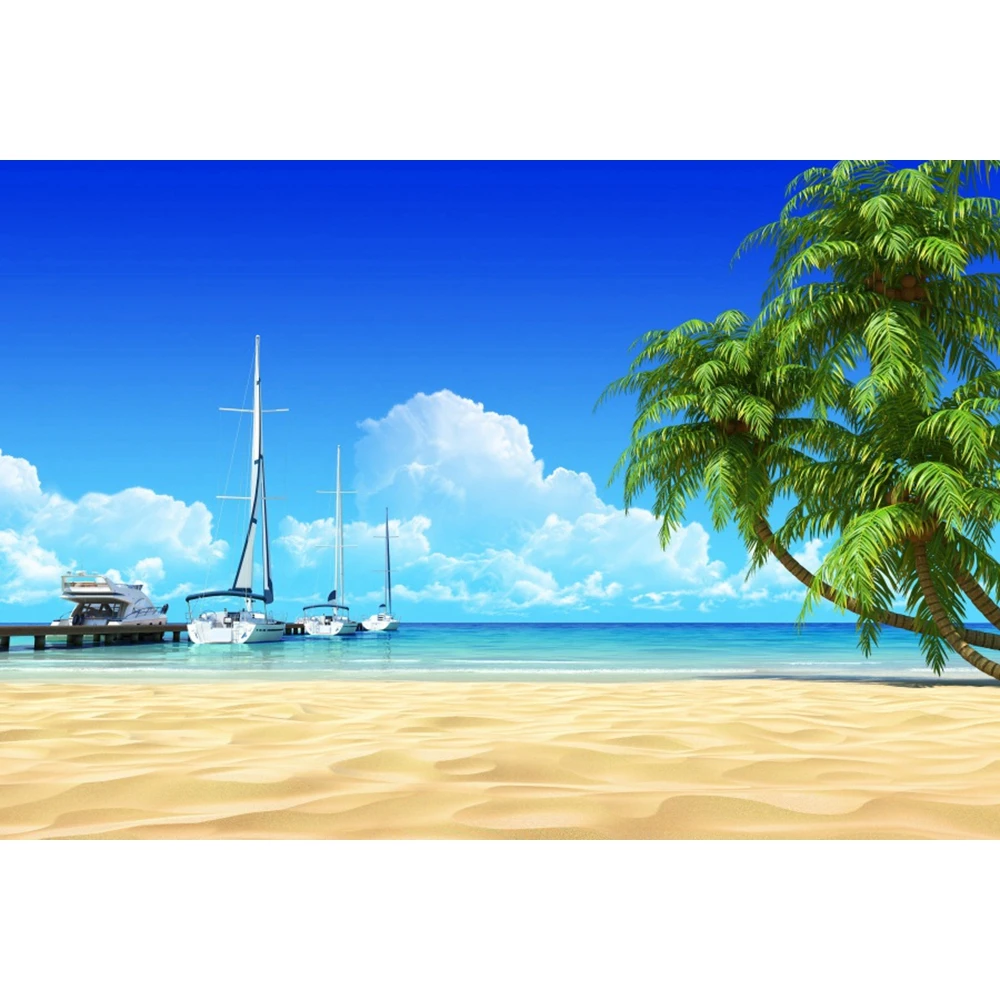 Laeacco Summer Seaside Beach Palms Sailboat Scene Photo Background Decor Portrait Vinyl Photocall Photography Backdrop Studio