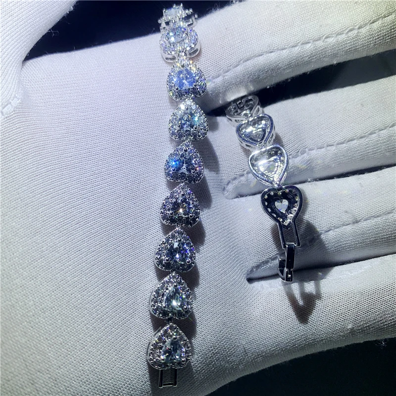 Handmade Lovers Heart shape bracelet AAAAA Cubic Zirconia White Gold Filled Party Wedding bracelets for women Fashion Jewerly 6