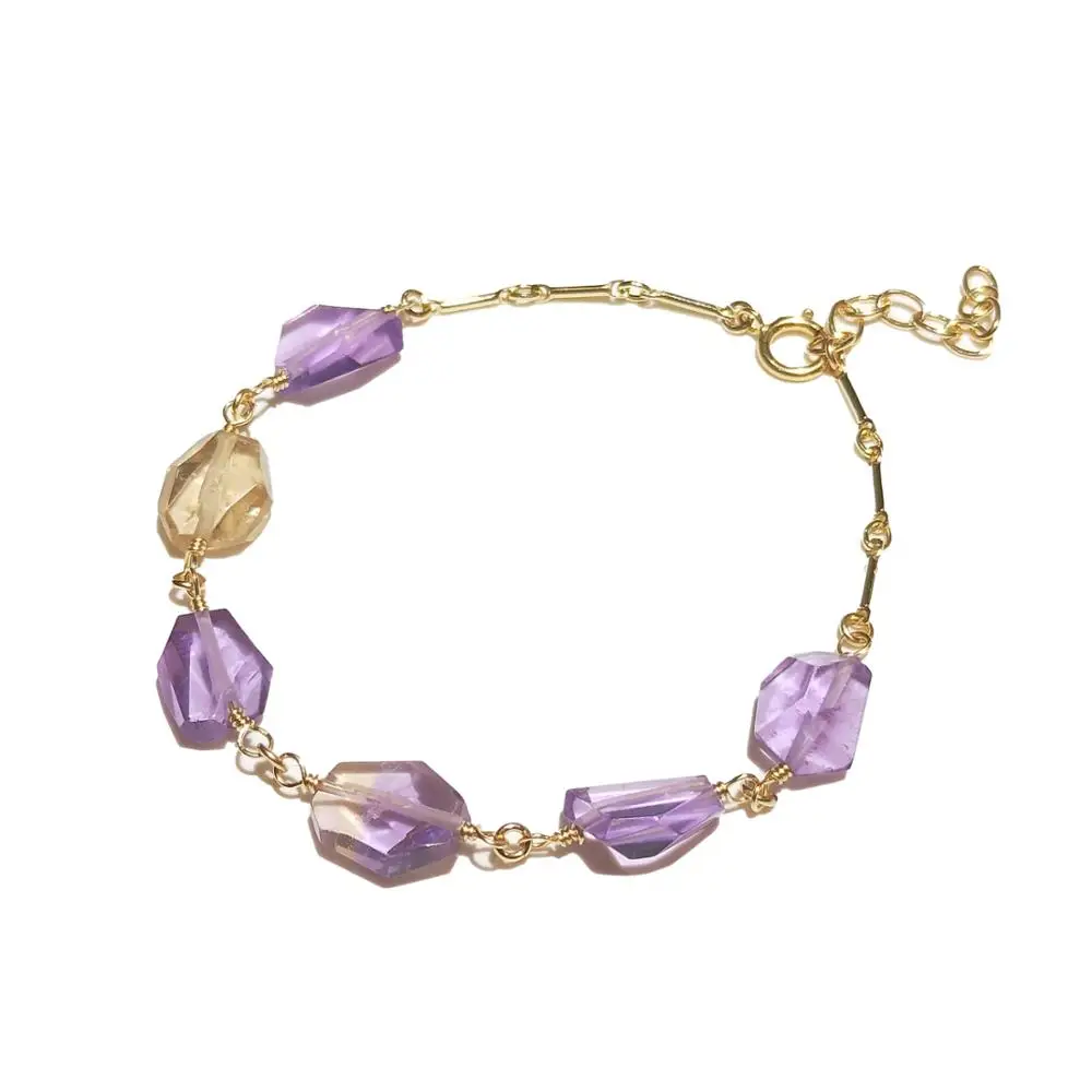 Lii Ji Natural Stone Real Ametrine Irregular Facted Beads American 14K Gold Filled Bracelet Handmade Jewelry 17-19.8CM