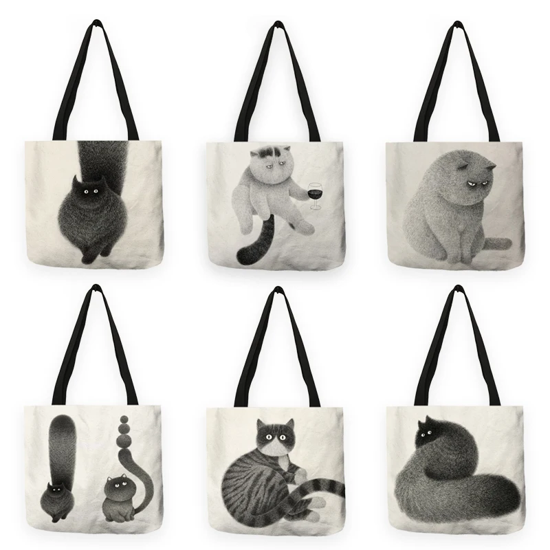 Fashion Shopping Bags for Groceries Supermarket Eco Tote Bag Black White Cat Art Painting Handbag Shoulder Bag for Women Ladies