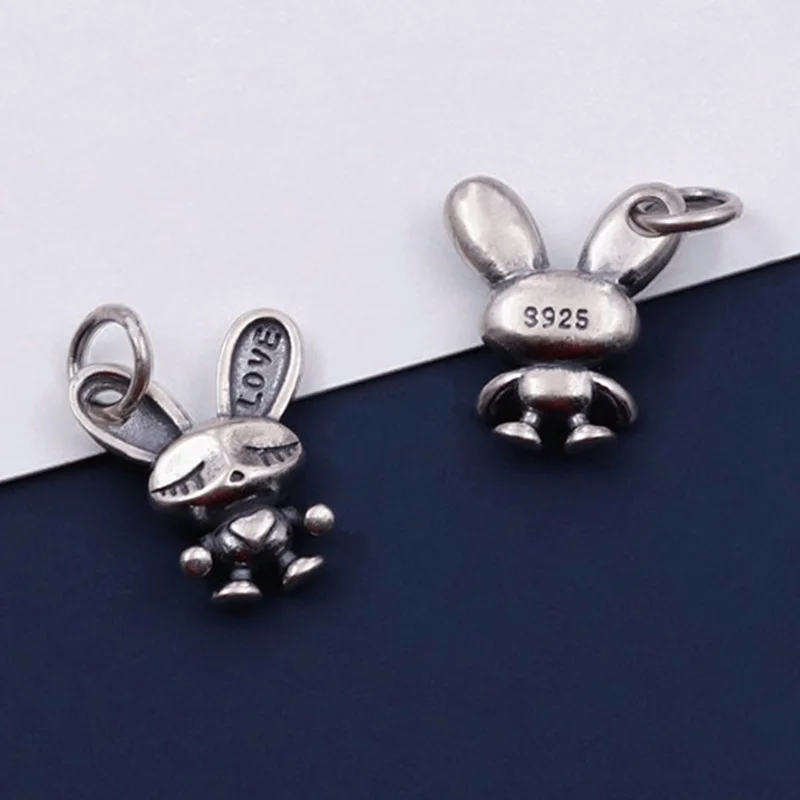 925 Sterling Silver Cute Love Rabbit Circle Charms Aging Process S925 Silver Necklace Pendant DIY Jewelry Decoration Findings