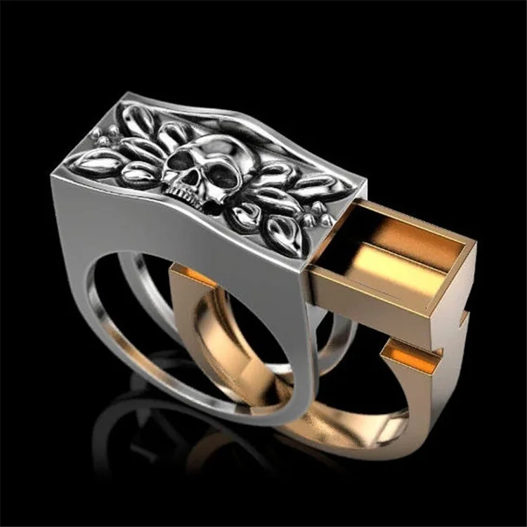 Men's Fashion Skull Ring Set Motorcycle Party Steampunk Secret Cinerary Casket Compartment Memorial Anniversary Ring Jewelry