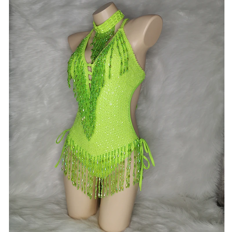 Sparkly Green Tassel Bodysuit Sexy Women Outfit Beads Sequins Carnival Costume Costume Stage Performance One-piece Dance Wear