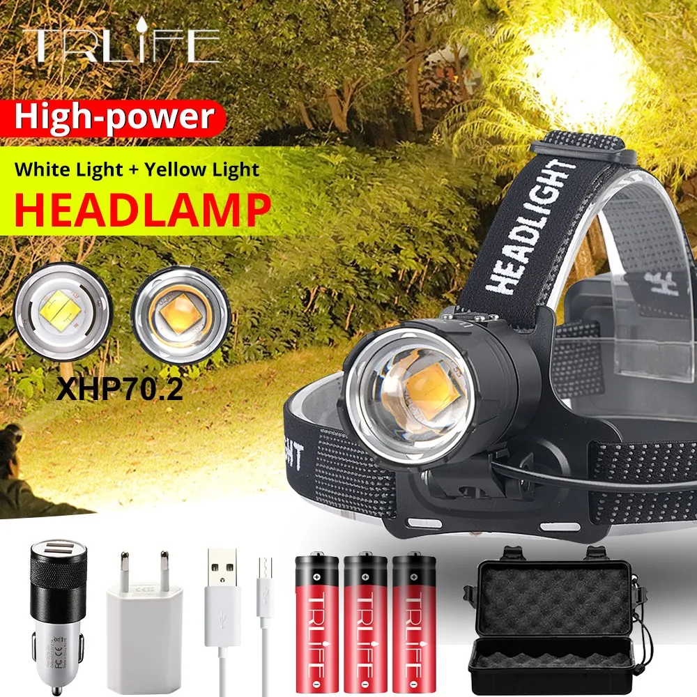 Super Brightest XHP70.2 LED Yellow/White Headlight Headlamp USB Rechargeable Head Torches XHP Lantern Use 18650 battery for Fish