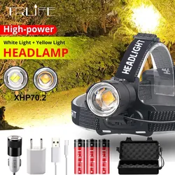 Super Brightest XHP70.2 LED Yellow/White Headlight Headlamp USB Rechargeable Head Torches XHP Lantern Use 18650 battery for Fish