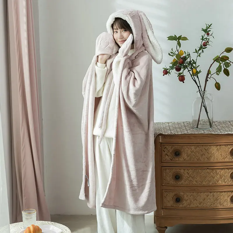 

Cartoon Rabbit Office Nap Blanket Lamb Velvet Shawl Blanket Air Conditioning Cape Blanket Thickened Warm Blanket with Gloves