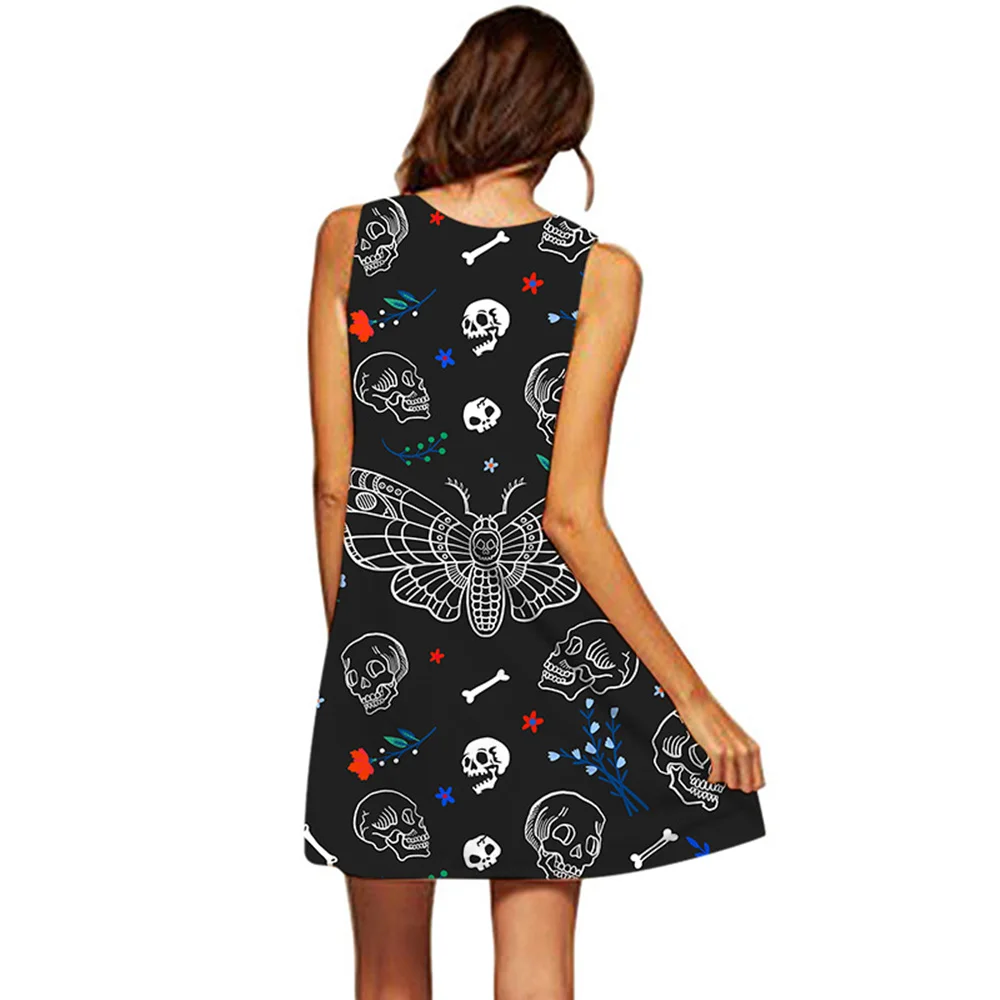 Vestido de verano con estampado Digital 3D para mujer, ropa informal holgada con estampado de calavera y mariposa, a la moda, para playa