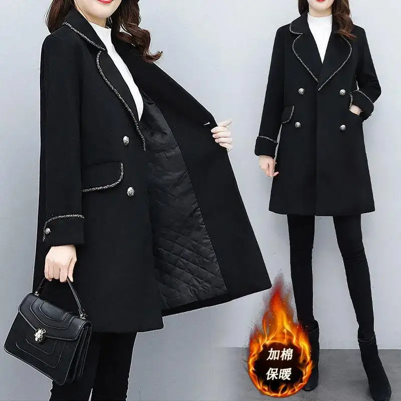 

Black Double Breasted Woolen Coat Women Winter New Fashion Add Cotton Outerwear 4XL Loose Warm Mid-Length Coats Female