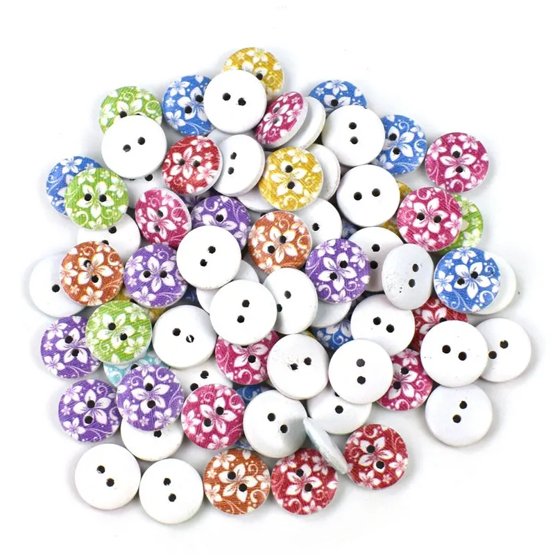 100 sztuk 15MM mieszane okrągłe Dot drewniane przyciski Flatback Cabochon Scrapbooking rzemiosło drewna Knopf Bouton Decor Diy akcesoria