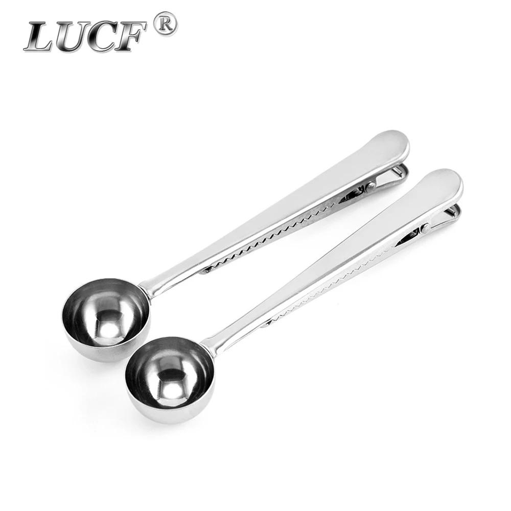 LUCF 2 in 1 Function Stainless Steel Coffee Spoon with Sealing Clip Powder Tea Measuring Scoop Metal Food Clamp Kitchen Gadget