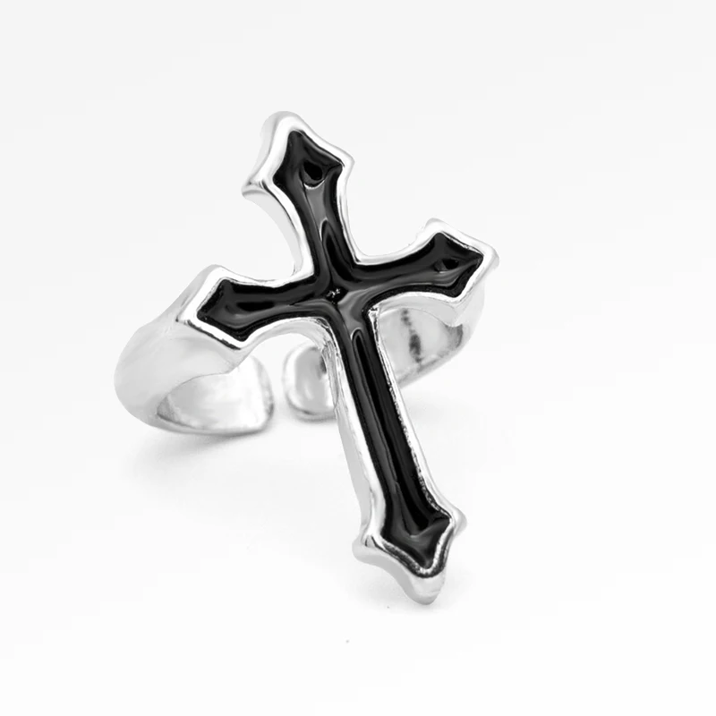 1PC Vintage Schwarz Große Kreuz Offenen Ring Für Frauen Partei Schmuck Männer Trendy Gothic Metall Farbe Finger Ring Anillo