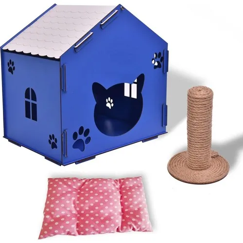 Wooden City Cat House Cat Bed & Cat Scratching Blue