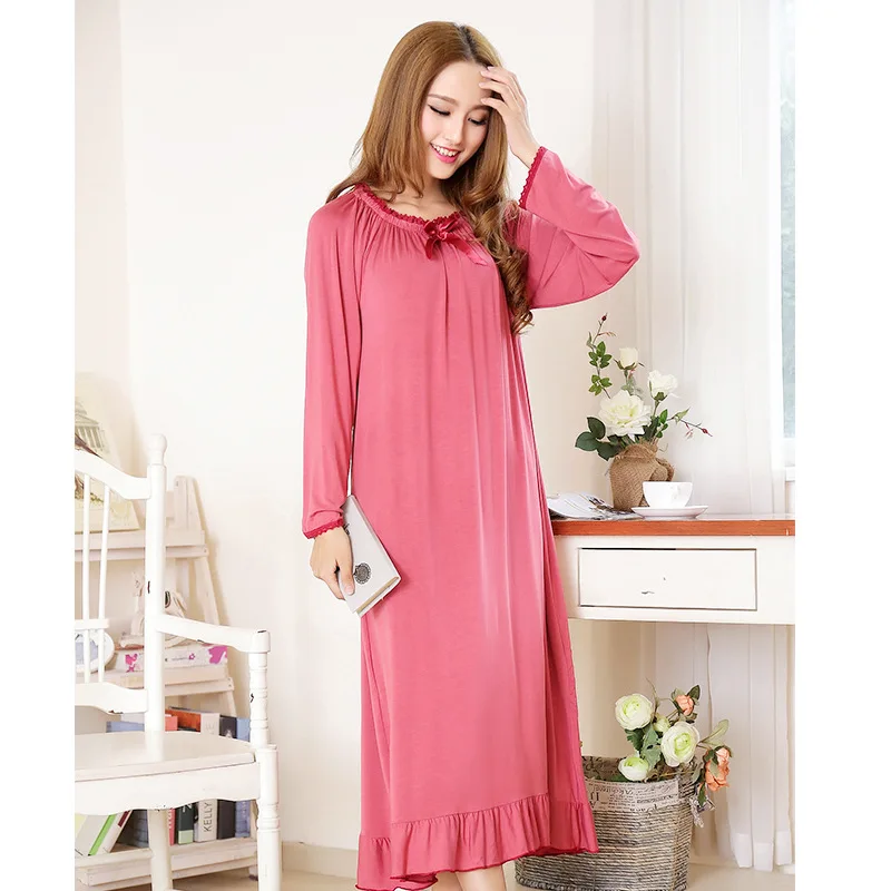 Spring And Autumn Women\'s Long Sleeve Round Neck Pullover Nightdress Cotton Loose Casual Long Princess Style Home Clothing