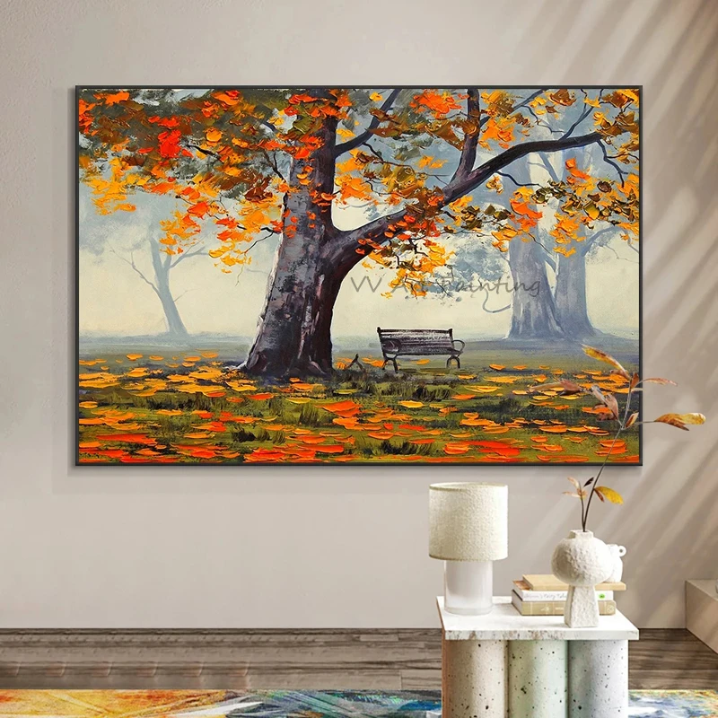Vintage Golden Fall Park Tree Oil Painting 100% Hand Painted Canvas Rustic Nature Plant Wall Art Farmhouse Home Decoration