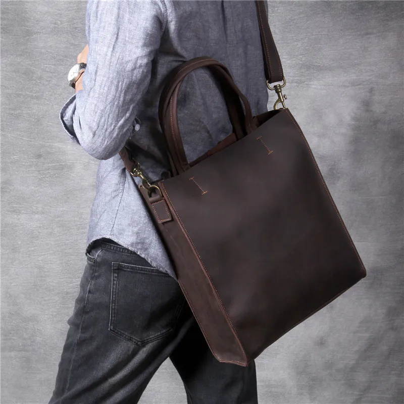 Vintage genuine leather men hand tote bag simple crazy horse cowhide shopping holdall luxury work laptop shoulder messenger bag