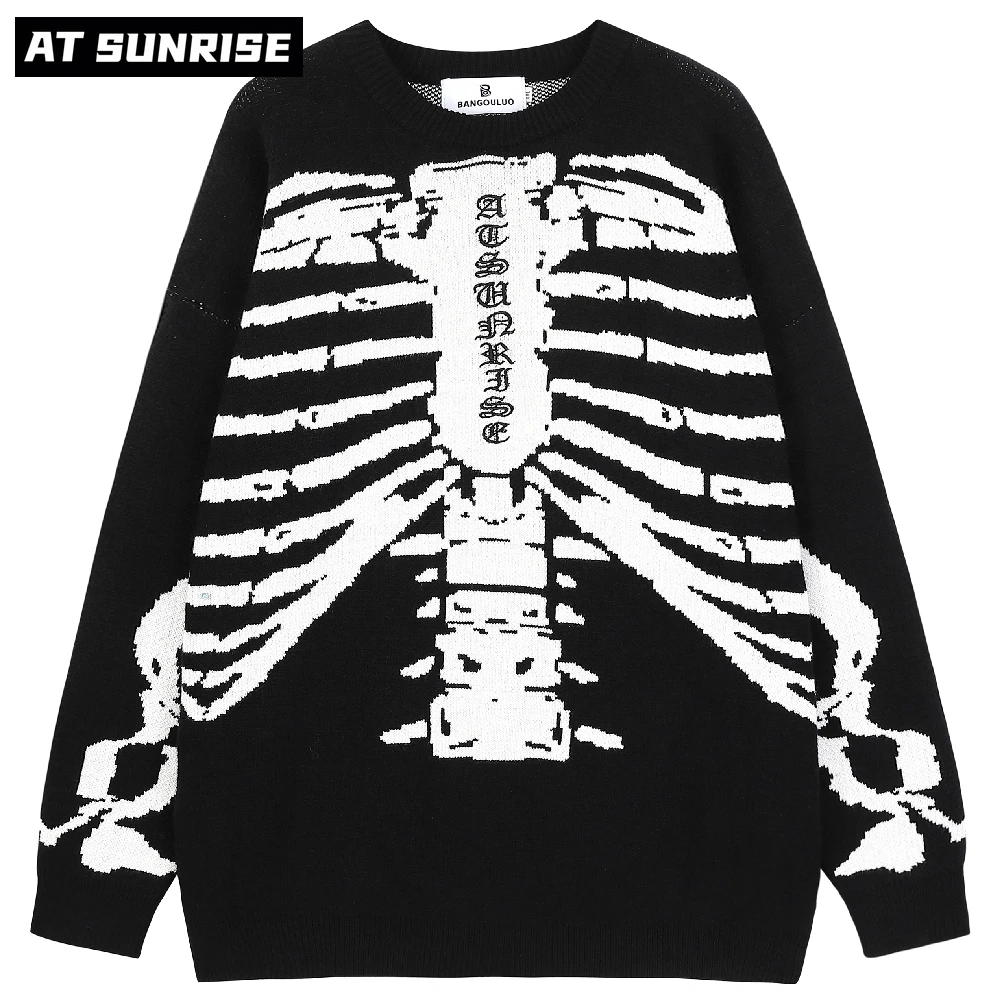 

Men Hip Hop Streetwear Harajuku Skull Sweater Vintage Retro Embroidered letters skeleton Knitted Sweater winter Cotton Pullover