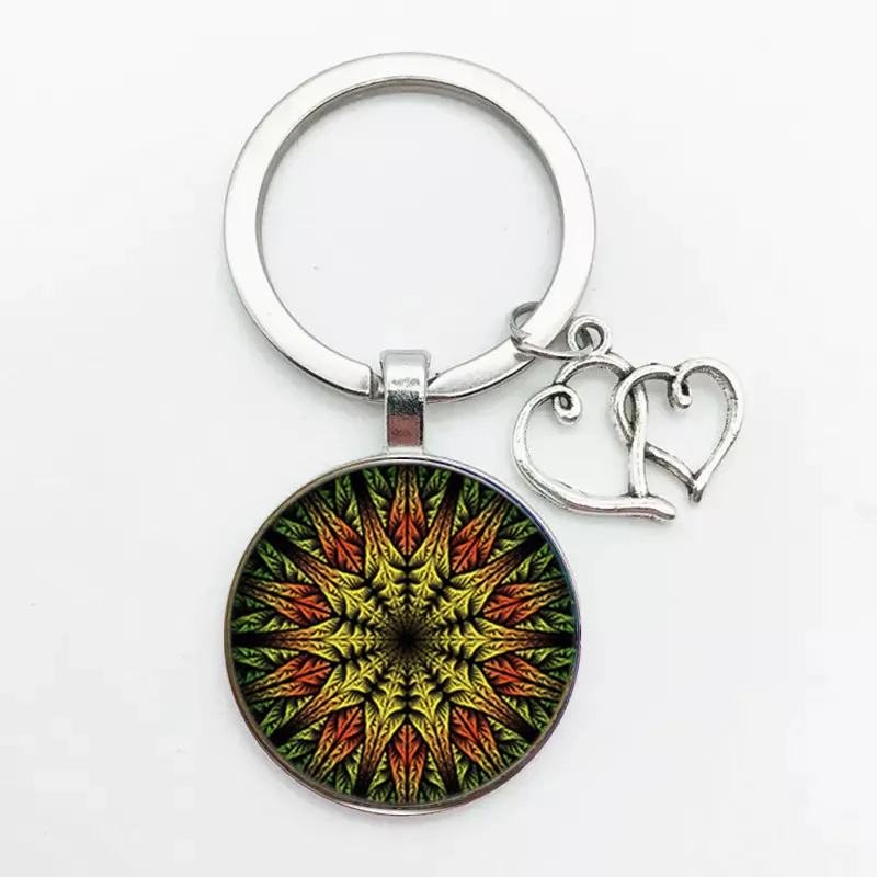 Hot Classic Retro Indian Yoga Mandala Flower Keychain Buddhist Chakra Pattern Key Ring Key Ring Chain Glass Cabochon Henna Jewel