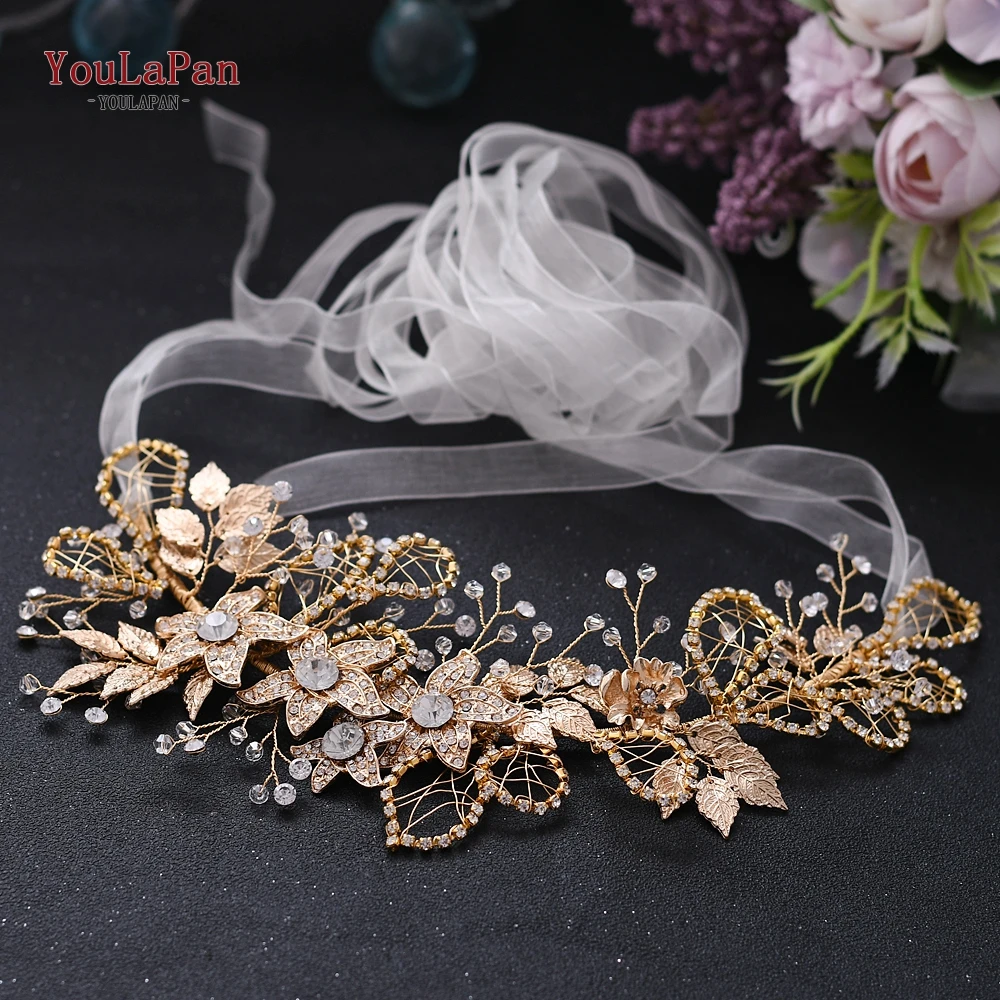 YouLaPan Rhinestone Floral Belt Golden Belts for Women Dress Sparkle Belt Ladies Wedding Belts Gold Flowers Bridal Belt SH282