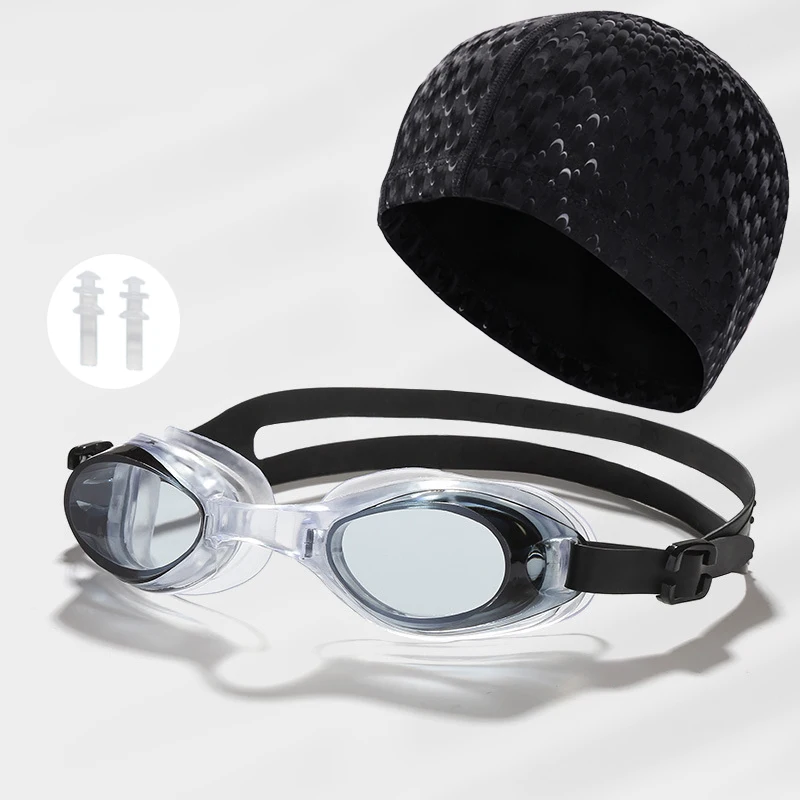 3in1 Waterproof Men Women Swimming Pool Goggles Set Water Sport Eyewear wi/ Earplugs PU Coating Fabric Swim Caps Hat Accessories