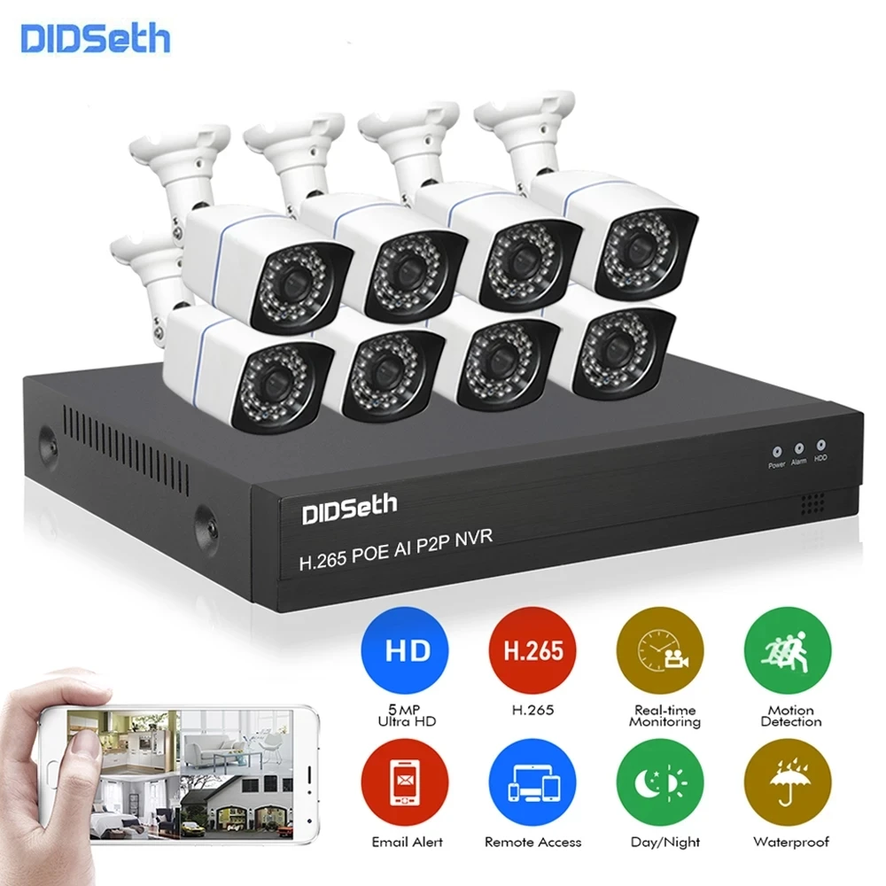 DIDSeth 8CH 5MP HDMI NVR  POE Security Camera System 4PCS Outdoor AI Motion Dectection Camera CCTV Video Surveillance Video Kit