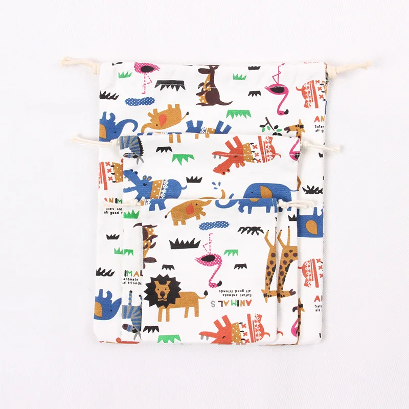 Drawstring Cartoon Animals Printed Storage Bags Organizer Cotton Linen Jewelry Cosmetic PouchBaby Clothing Kids toys Candy Bags