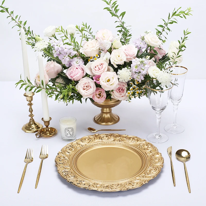 Luxury Table Setting Elegant Black Charger Plates Sets Plastic Wedding Custom Deco Gold Rim Trim White Arabesque For Party Event