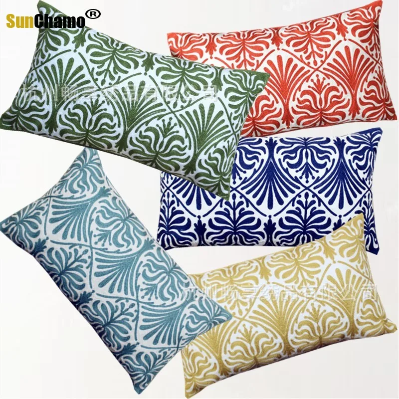 

Home Decor Embroidered Cushion Cover Navy Blue Yellow Flower Geometric Canvas Cotton Embroidery Pillow Cover 30x50cm Pillow Sham