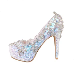 GOHYPDUG spring and autumn dreamy color rhinestone sequin wedding bridal shoes party round head high heel women's single