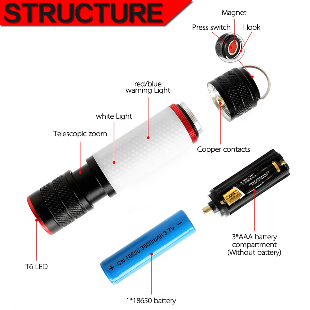 LED Camping Light 6 Modes Waterproof Camping Lantern Work Light Tent Light Magnetic Tail Flashlight Torch Emergency Light