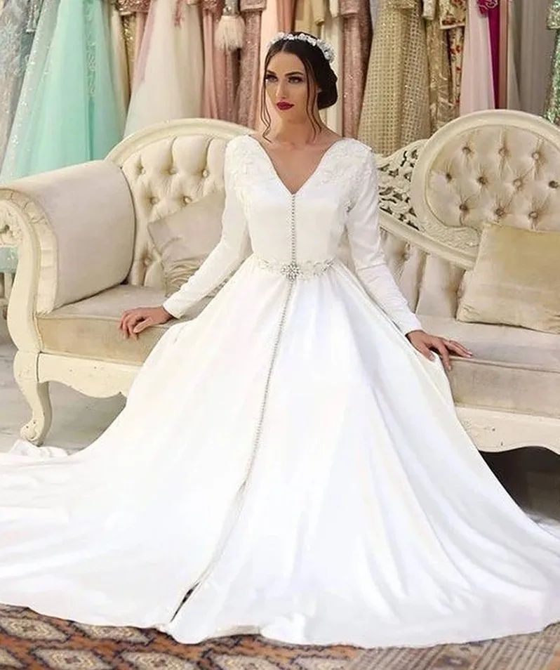 Marroquino caftan de manga comprida, vestidos de noiva muçulmanos, vestido de cetim, branco, elegante, 2024