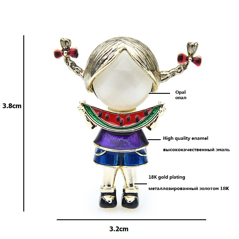 Wuli&baby New Opal Eatting Watermelon Girl Brooches Women Cute Enamel Girl Figure Office Casual Brooch Pins Gifts