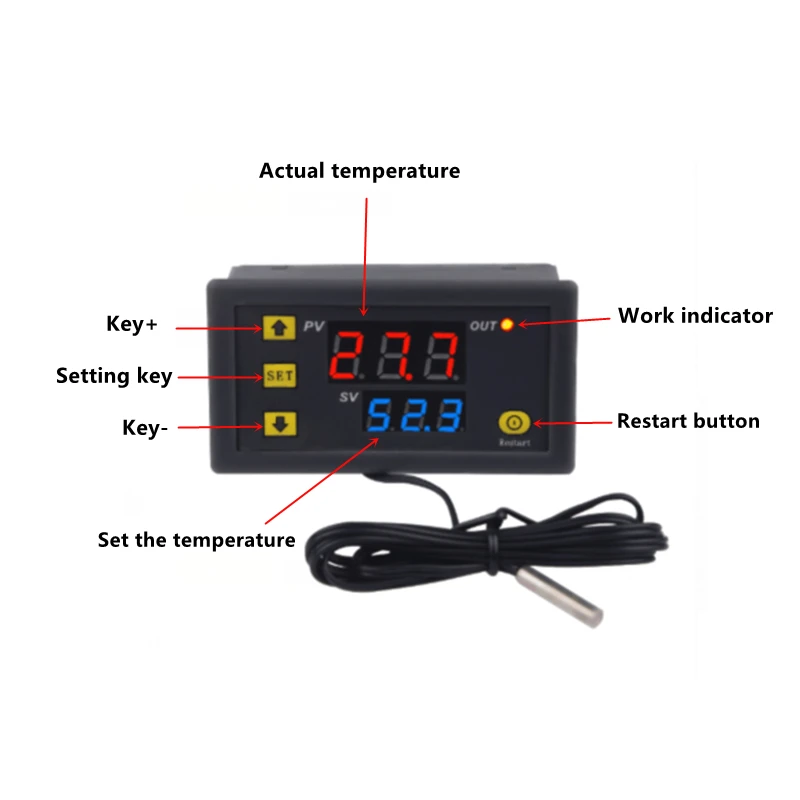 W3230 12V 24V AC110-220V Probe line 20A Digital Temperature Control LED Display Thermostat With Heat/Cooling Control Instrument