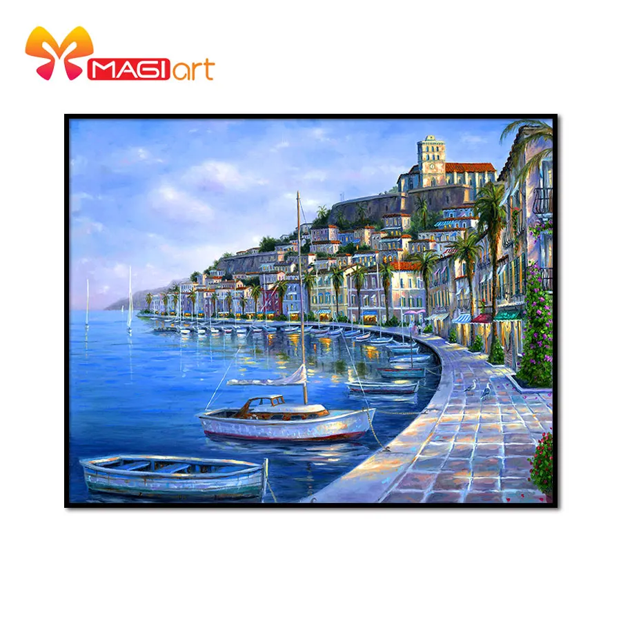 Cross stitch kits Embroidery needlework sets 11CT water soluble canvas patterns 14CT Landscape painting Seaside city-NCMS033