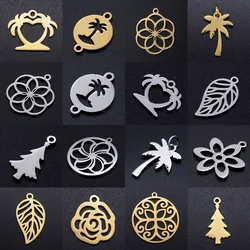 10pcs/lot diy summer beach palm tree stainless steel charm pendant wholesale leaf flower rose jewelry bracelet connector charms