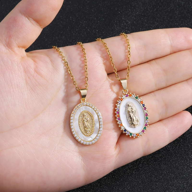 Europe and America New Virgin Mary Cubic Zircon  Necklace for Women Stainless Steel Chain Fashion Religion Jewelry Gift