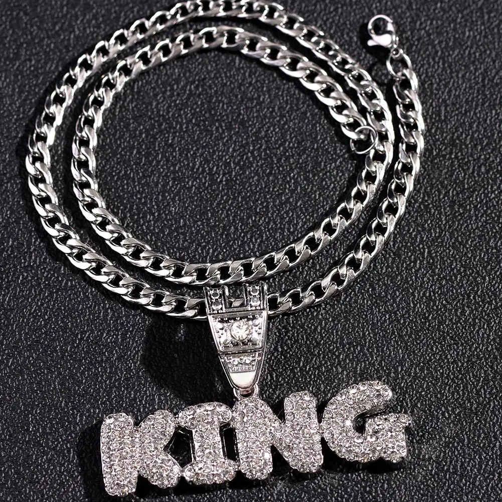 Stainless steel/Zircon Chain Necklace Iced Letter KING Pendant Chain Necklaces For Women Men HipHop Party Fashion Male Jewellery