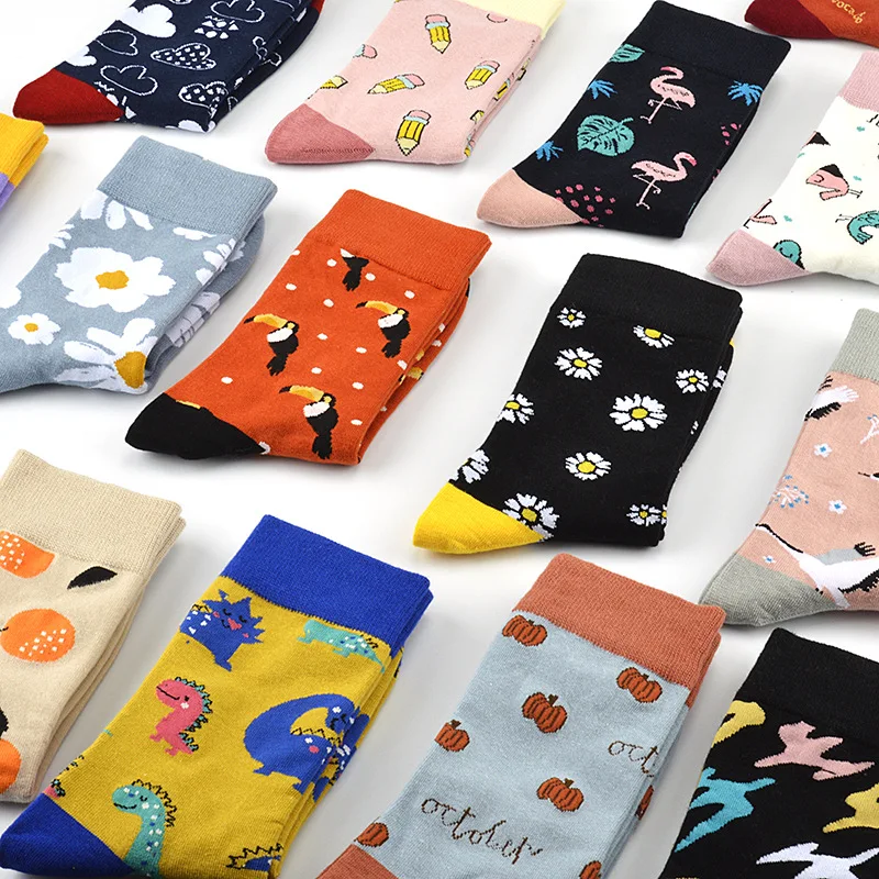 Woman socks fashion street skateboard cartoon unicorn flamingo dinosaur bird happy woman sock funny animal plant cute girl socks