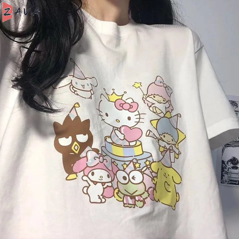 

Y2k Short Sleeve Sanrioed Kittyed Cat Melodyed Cinnamorolled T-shirt Female Summer Cartoon Printed Korean Student Loose Tops Za