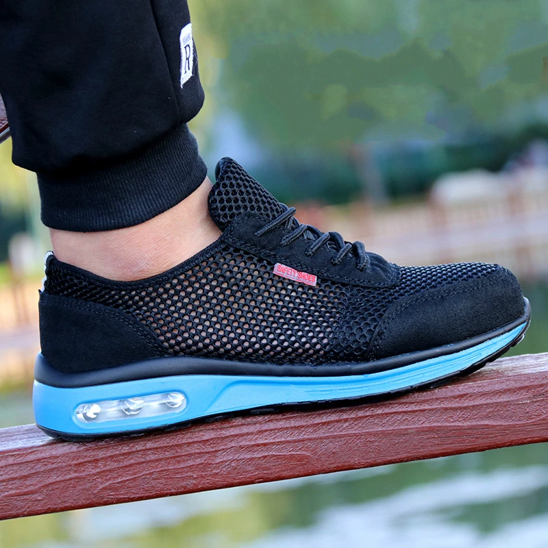 summer safety shoes for men casual breathable mesh steel toe cap work shoe slow shock worker sneakers security boots protection