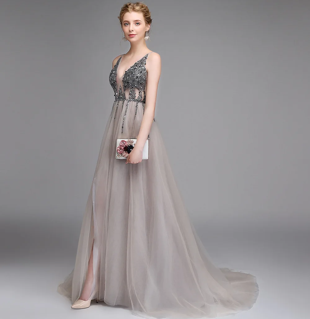 European and American  wholesale new spring and autumn sexy long banquet deep V collar evening dress customization