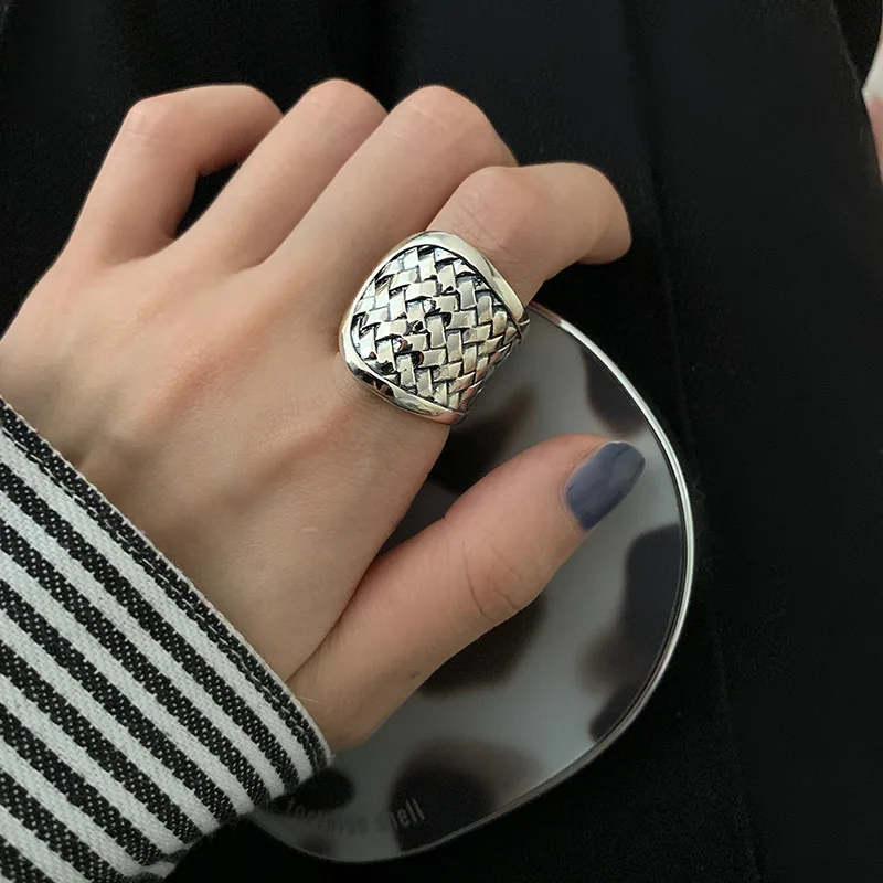 QMCOCO Simple Vintage Silver Color Geometric Wide Ring Unique Design Arrow Star Pattern Light Luxury Punk Ring Men Women Gifts