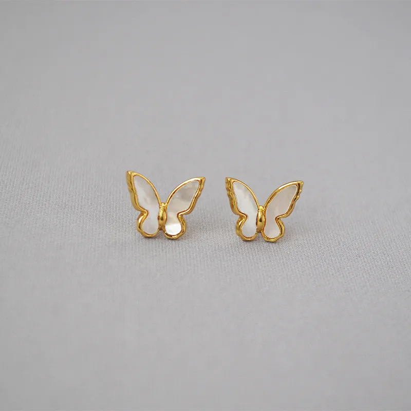 MPE032 Charming Women Gift Stud Earrings White Shell With Gold Eletroplated Butterfly Earrings Push-Back Style