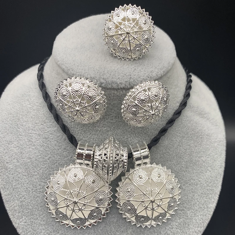 Ethiopian Ring Jewelry Sets For Women Gold Plated Earrings Dubai Arab Necklace African Bridal Bracelet Wedding Gift Jewellery