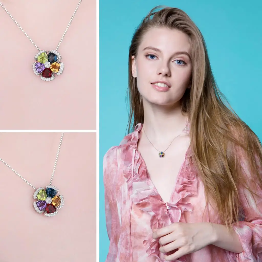 JewelryPalace 2.6ct Genuine Blue Topaz Amethyst Citrine Garnet Peridot 925 Sterling Silver Pendant Necklace for Woman No Chain