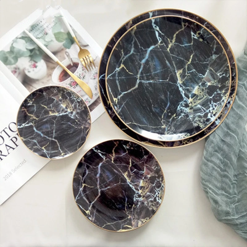 Multi-size Nordic Creative Black Marble Ceramic Plate Household Kitchen Supplies Bone China Western Steak Salad Plate Dish Tray