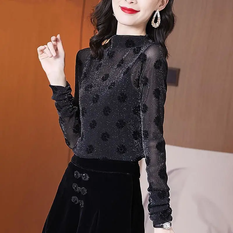 Women\'s Spring Autumn Style Blouse Shirt Women\'s Turtleneck Polka Dot Long Sleeve Sequined Korean Elegant Tops SP1096