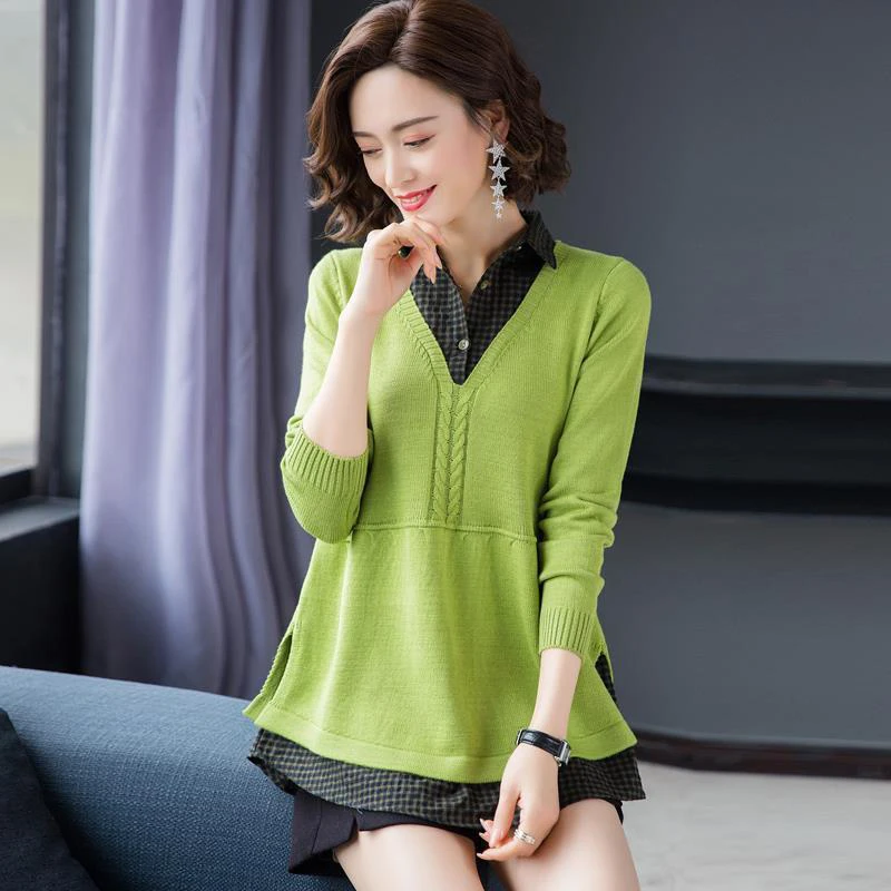 Lapel Patchwork Knit Tops Casual Loose Spring Fall Sweater Women New Knitwear Jumper Korean Fake 2 Pieces Long Sleeve Pullovers