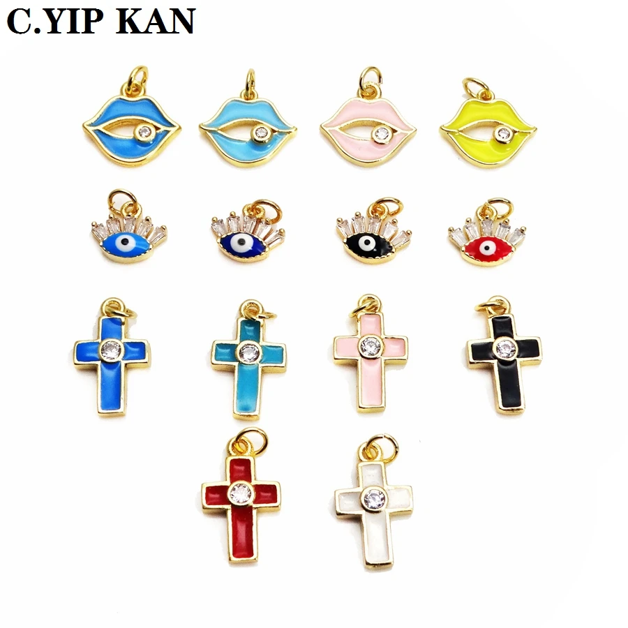 

The cross little pendant magic eye charms Drops oil micro zircon gold plated pendant DIY bracelet necklace anklet accessories